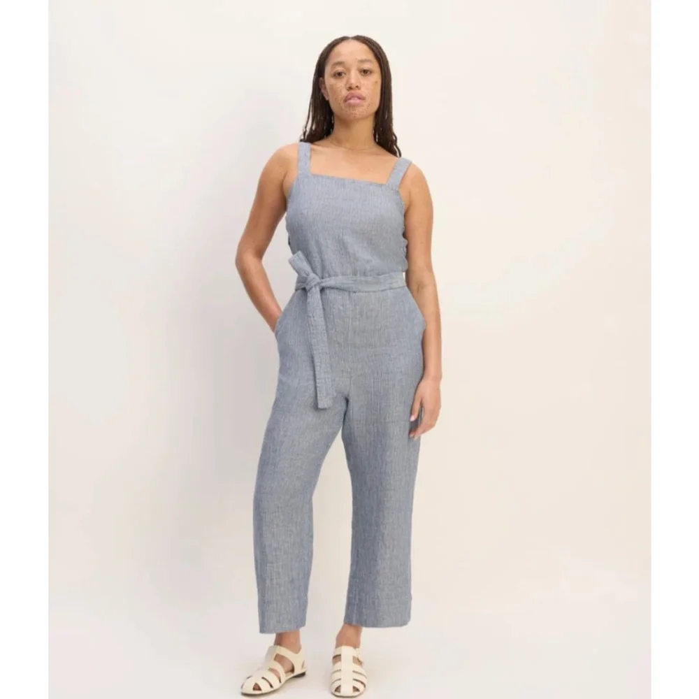EVERLANE Button-Front Linen Striped‎ Jumpsuit Size 8 Blue and White 111